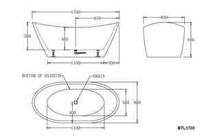 Best Bm Bathtubs BTL1700 LYON Freestanding Bathtub 1700x780x680MM