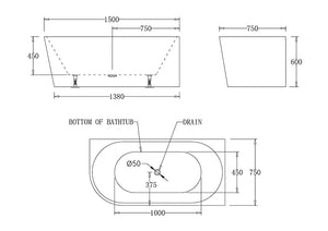 Best Bm Bathtubs BTM1500R Milan RIGHT CORNER BATHTUB 1500x750x600MM
