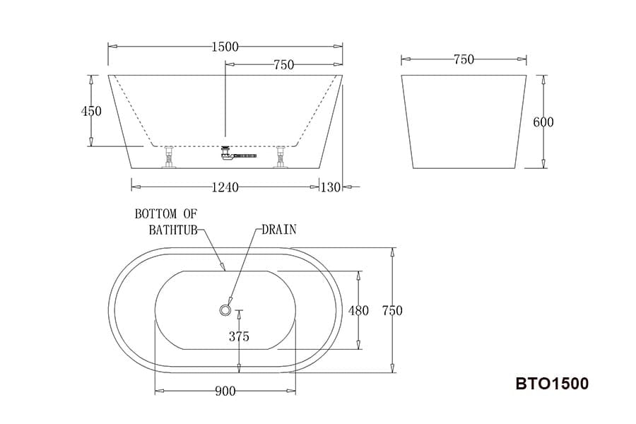 BTO1500 BLACK Oslo FREESTANDING BATHTUB in black 1500x750x600MM