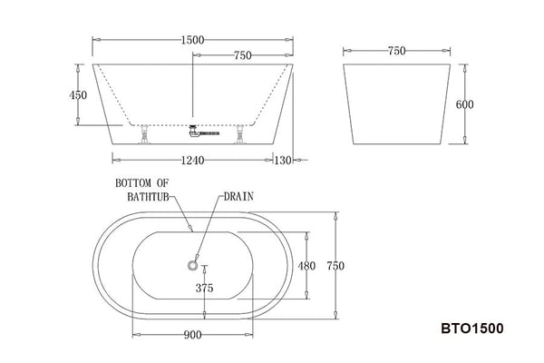 Best Bm Bathtubs BTO1500 Oslo FREESTANDING BATHTUB 1500x750x600MM