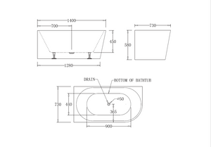 BTM1400R Milan RIGHT CORNER BATHTUB 1400mm (Long) x 730mm (Wide) x 580mm (Height)