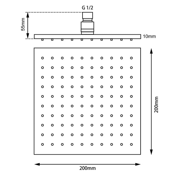 OX0115.SH SQUARE BLACK ABS RAINFALL SHOWER HEAD 200MM