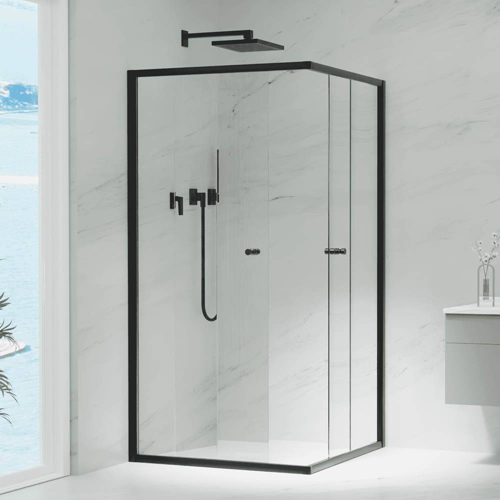 Convex Glass Showers Violet 6 Black 6mm Semi-Frameless Corner Entry Screens