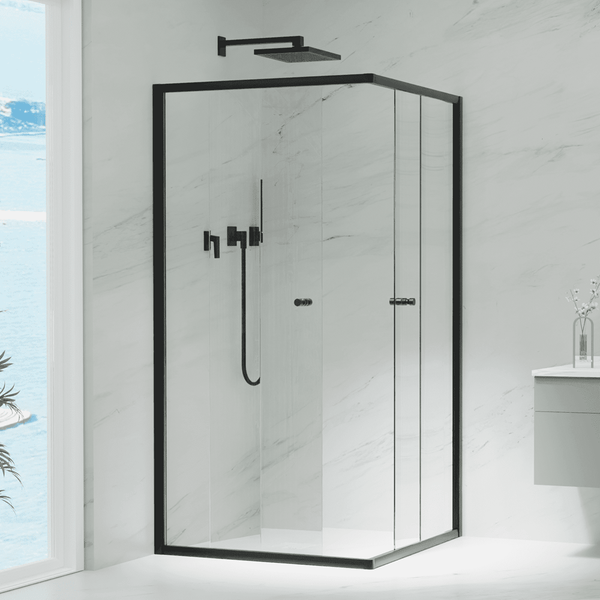Convex Glass Showers Violet 6 Black 6mm Semi-Frameless Corner Entry Screens