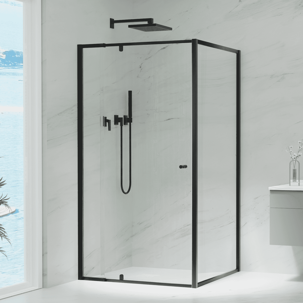Convex Glass Showers Violet 6 Black 6mm Semi-Frameless Pivot Screen – Front & Return