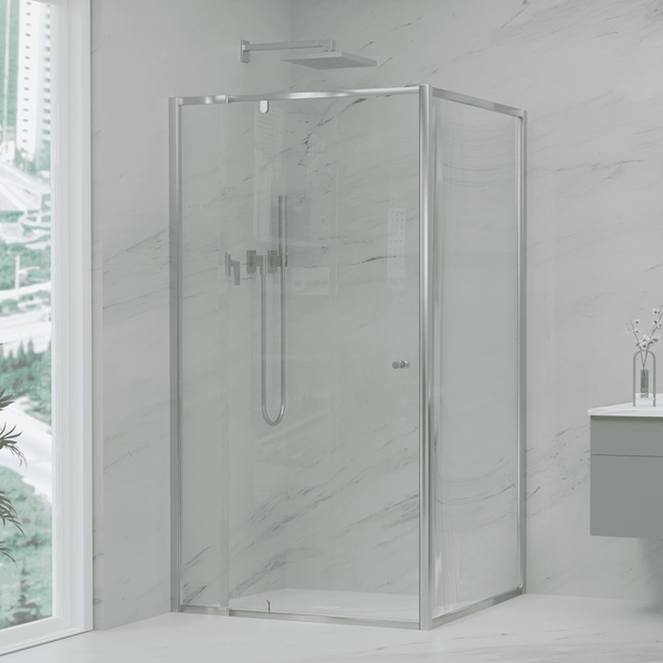 Convex Glass Showers Violet 6 Chrome 6mm Semi-Frameless Pivot Screen – Front & Return
