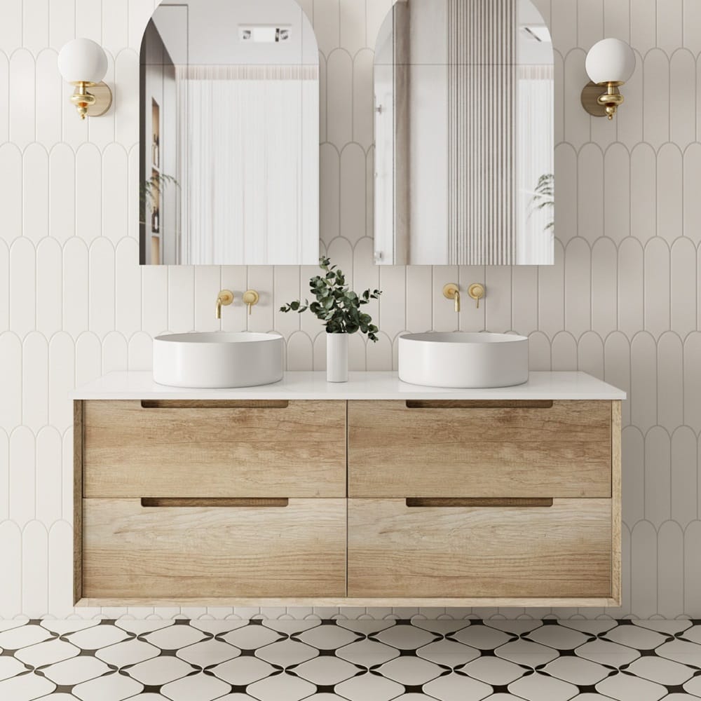 Convex Glass Vanities BRIGHTON 1500mm Natural Oak Wall Hung Vanity B-WH1500-OAK Single / Double Bowls