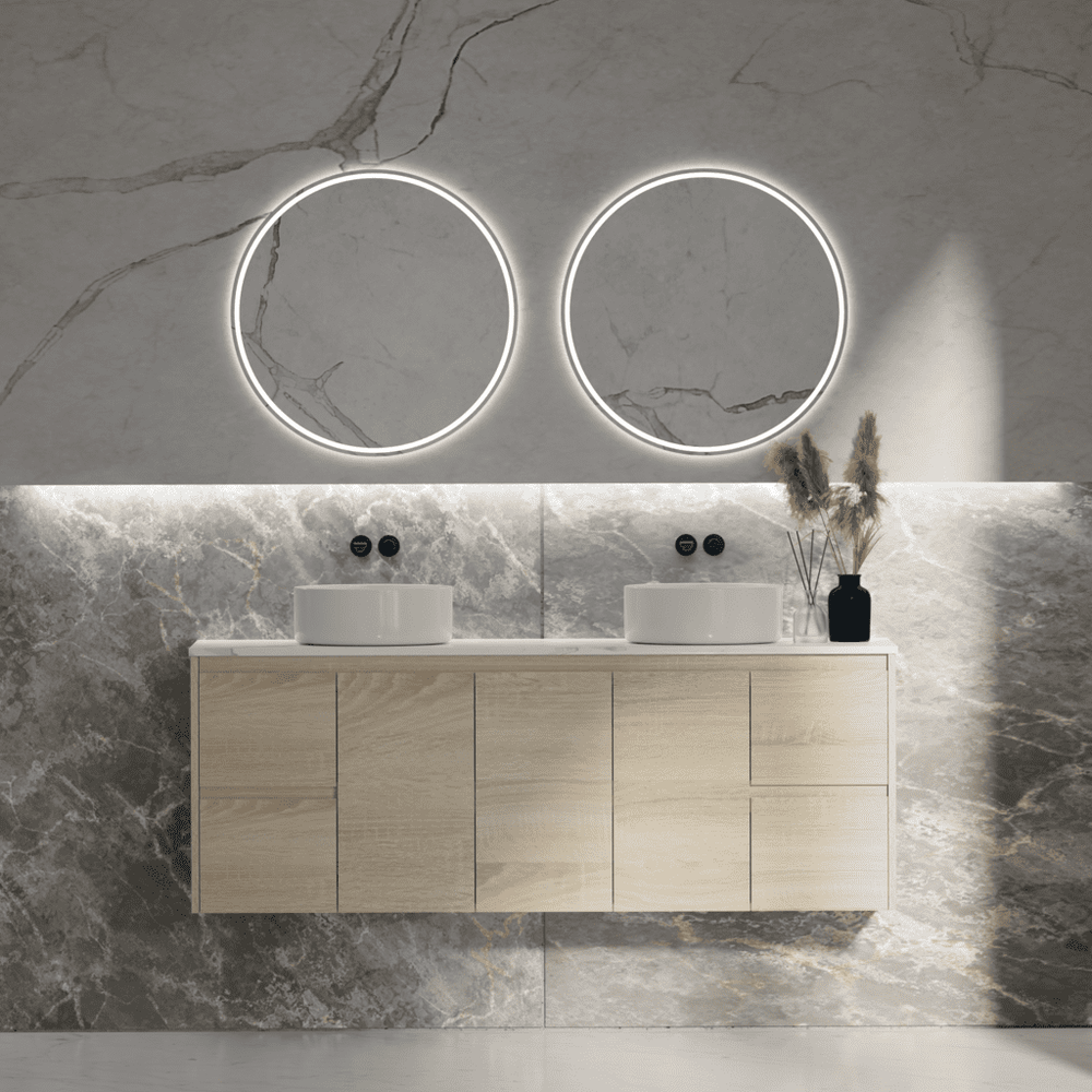 Convex Glass Vanities ERICA 1500mm Natural Oak Wall Hung Vanity E-WH1500 Single / Double Bowls