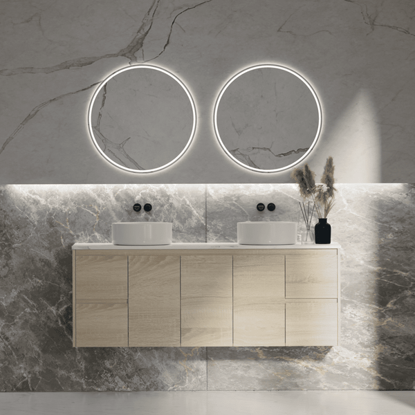 Convex Glass Vanities ERICA 1500mm Natural Oak Wall Hung Vanity E-WH1500 Single / Double Bowls