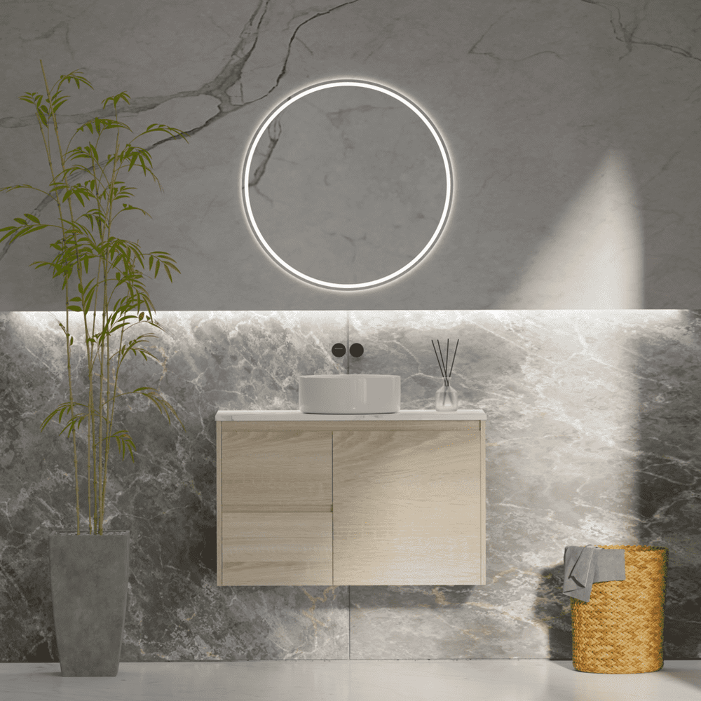 Convex Glass Vanities ERICA 900mm Natural Oak Wall Hung Vanity E-WH900