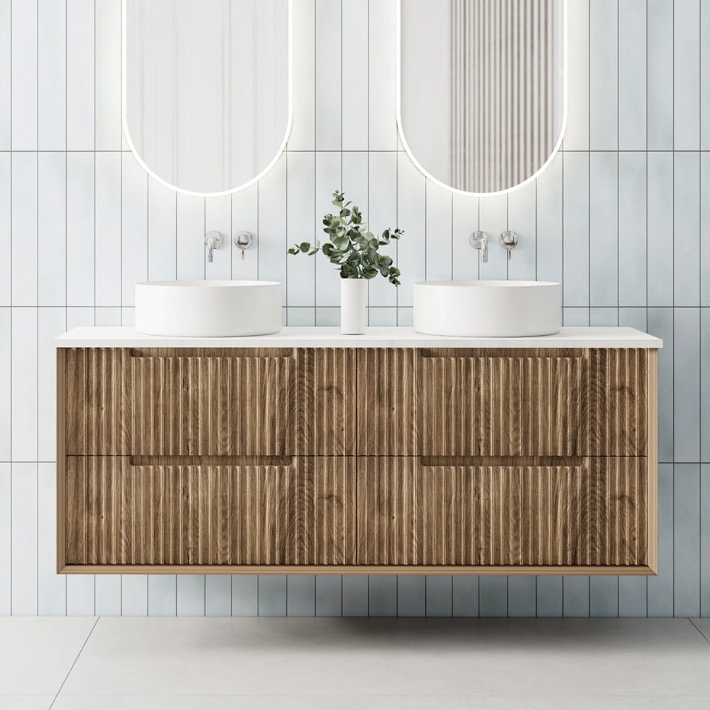 Convex Glass Vanities MORNINGTON 1500mm Natural Oak Wall Hung Fluted Vanity M-WH1500-OAK Single / Double Bowls