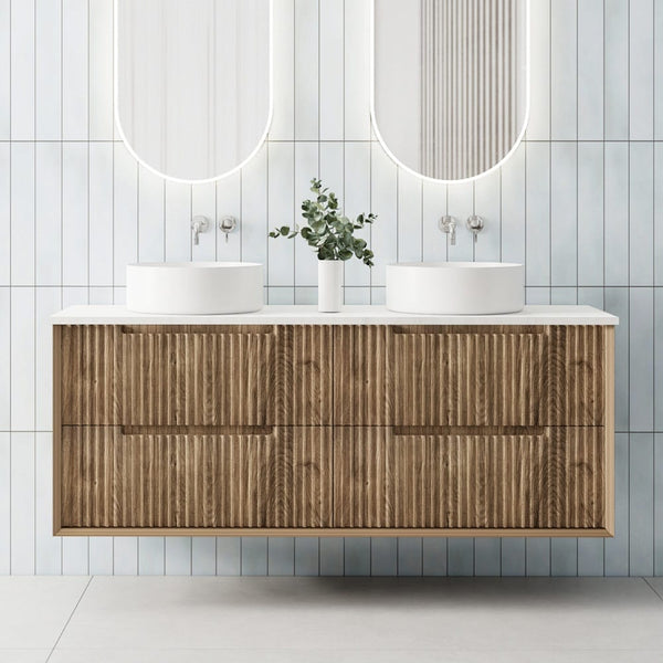 Convex Glass Vanities MORNINGTON 1500mm Natural Oak Wall Hung Fluted Vanity M-WH1500-OAK Single / Double Bowls