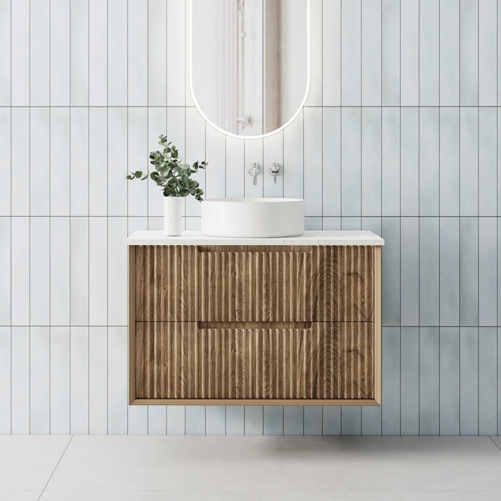 Convex Glass Vanities MORNINGTON 900mm Natural Oak Wall Hung Fluted Vanity M-WH900-OAK