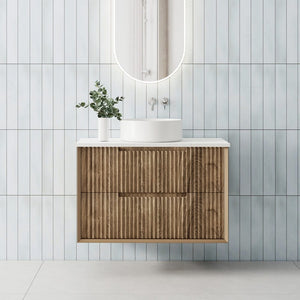 Convex Glass Vanities MORNINGTON 900mm Natural Oak Wall Hung Fluted Vanity M-WH900-OAK