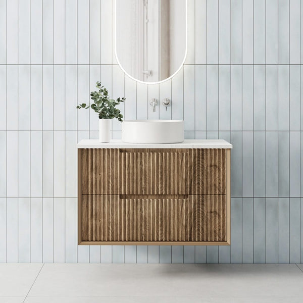 Convex Glass Vanities MORNINGTON 900mm Natural Oak Wall Hung Fluted Vanity M-WH900-OAK