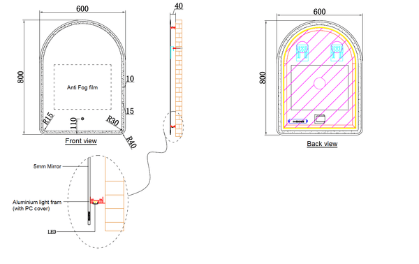 ECT simple MIRO Eclipse608 Arch LED Mirror 600 x 800mm