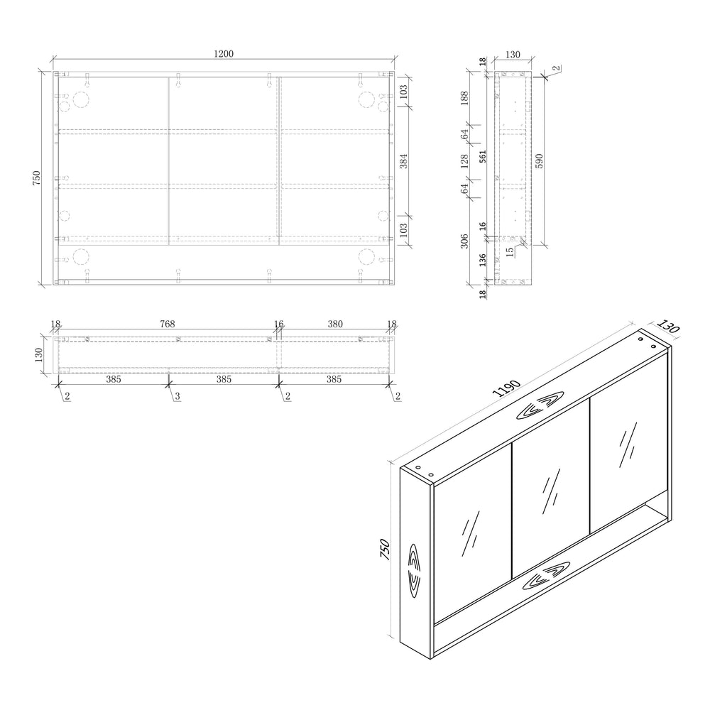 MIRO BONDI120 BONDI 1200x130x590mm Mirror Shaving Cabinet