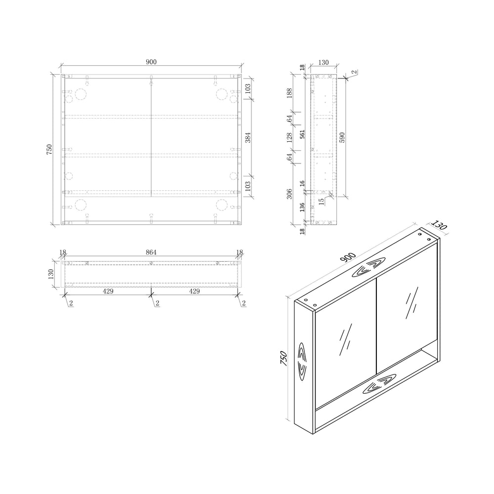 MIRO BONDI90 BONDI 900x130x590mm Mirror Shaving Cabinet