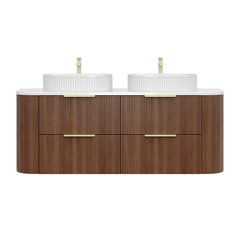 KDK Vanity Arden-D Walnut Fluted Curved Wall Hung Vanity Cabinet 1500mm - Double Bowl