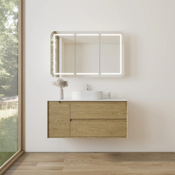 KDK Vanity Brooklyn Red Oak Wall Hung Vanity Cabinet 1200mm - Single Bowl, Right Drawers
