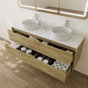 KDK Vanity Brooklyn Ashwood Wall Hung Vanity Cabinet 1500mm - Double Bowl, Right Drawers