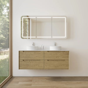 KDK Vanity Brooklyn Red Oak Wall Hung Vanity Cabinet 1500mm - Double Bowl, Right Drawers