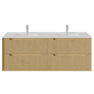 KDK Vanity Brooklyn Red Oak Fluted Wall Hung Vanity Cabinet 1500mm - Double Bowl, Right Drawers