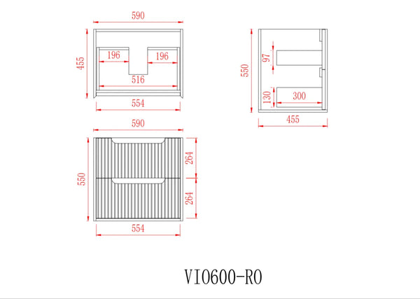 KDK Vanity Brooklyn Red Oak Fluted Wall Hung Vanity Cabinet 600mm