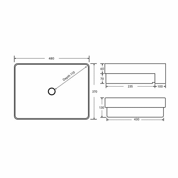 KDK Basins PSR4837NTH Semi-Reccessed Basin 480*370*130mm no tap hole