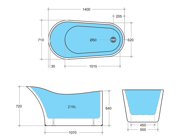 KDK Bathtubs Bevel BBT1400NF Free Standing Bathtub Non Overflow 1400*710*720mm