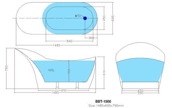 KDK Bathtubs Bevel BBT1500NF Free Standing Bathtub Non Overflow 1485*695*790mm