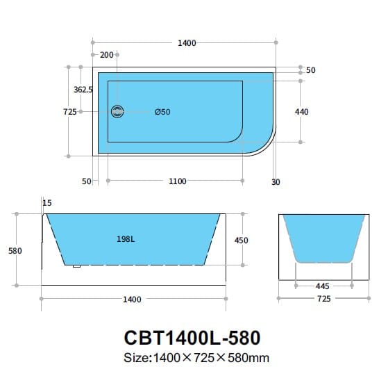 KDK Bathtubs Corner CBT1400L-580 Left Corner BTW Bathtub NON OVERFLOW 1400*725*580mm