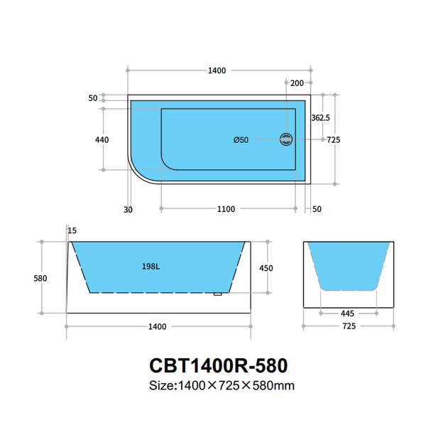KDK Bathtubs Corner CBT1400R-580 Right Corner BTW Bathtub NON OVERFLOW 1400*725*580mm