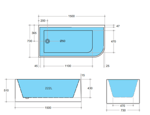 KDK Bathtubs Corner CBT1500L-510 Left Corner BTW Bathtub NON OVERFLOW 1500*730*510mm