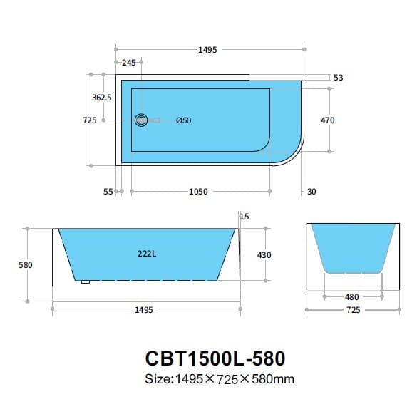 KDK Bathtubs Corner CBT1500L-580 Left Corner BTW Bathtub NON OVERFLOW 1500*730*580mm
