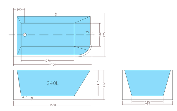 KDK Bathtubs Corner CBT1700L-510 Left Corner BTW Bathtub NON OVERFLOW 1700*730*510mm