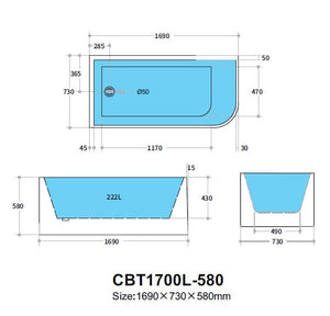 KDK Bathtubs Corner CBT1700L-580 Left Corner BTW Bathtub NON OVERFLOW 1700*730*580mm