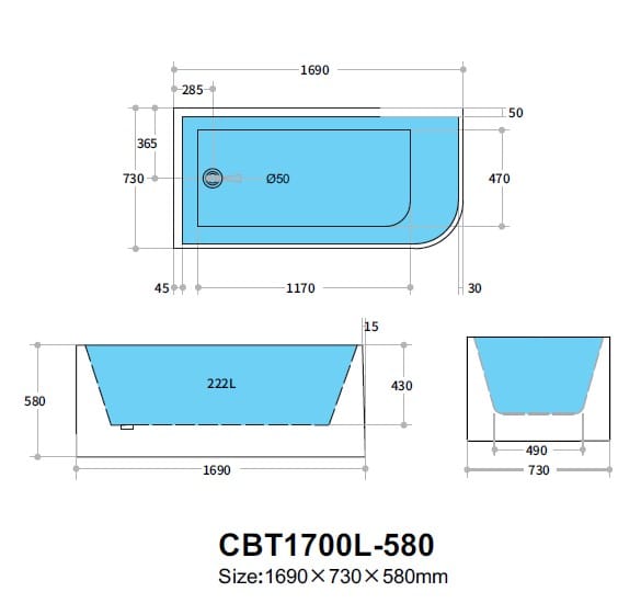 KDK Bathtubs Corner CBT1700L-580 Left Corner BTW Bathtub NON OVERFLOW 1700*730*580mm