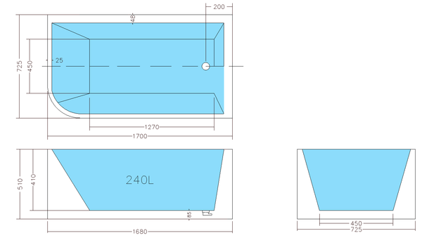 KDK Bathtubs Corner CBT1700R-510 Right Corner BTW Bathtub NON OVERFLOW 1700*730*510mm