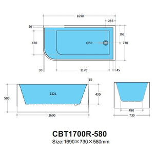 KDK Bathtubs Corner CBT1700R-580 Right Corner BTW Bathtub NON OVERFLOW 1700*730*580mm