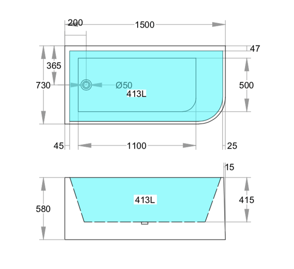 KDK Bathtubs Corner  MWBT-6L-1500-580 Left Corner BTW Bathtub Matte White NON OVERFLOW 1500*730*580mm