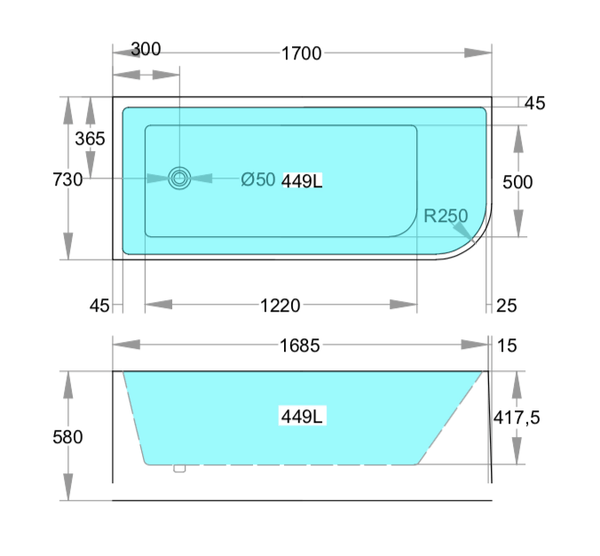 KDK Bathtubs Corner MWBT-6L-1700-580 Left Corner BTW Bathtub  Matte White Non Overflow 1700*730*580mm