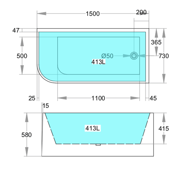 KDK Bathtubs Corner MWBT-6R-1500-580 Right Corner BTW Bathtub Matte White  NON OVERFLOW 1500*730*580mm