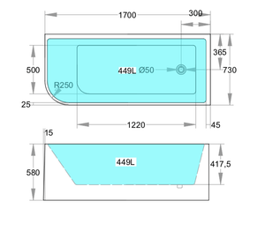 KDK Bathtubs Corner MWBT-6R-1700-580 Right Corner BTW Bathtub Matte White  NON OVERFLOW 1700 x 730 x 580mm