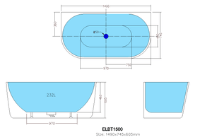 KDK Bathtubs ELBT1490-OF Elivia BTW Bathtub WITH Overflow  1490*745*605mm