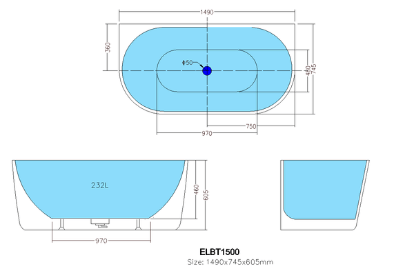 KDK Bathtubs ELBT1490-OF Elivia BTW Bathtub WITH Overflow  1490*745*605mm