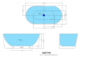 KDK Bathtubs ELBT1690-OF Elivia BTW Bathtub WITH Overflow 1690*790*600mm