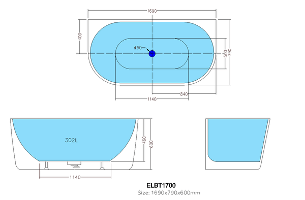 KDK Bathtubs ELBT1690-OF Elivia BTW Bathtub WITH Overflow 1690*790*600mm