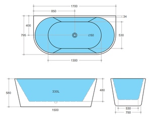 KDK Bathtubs ELBT1700-NF Elivia BTW Bathtub NON OVERFLOW 1700*795*580mm