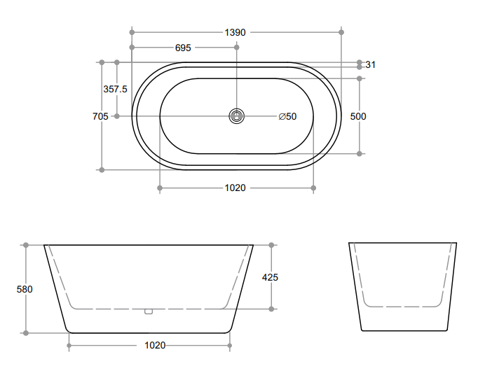 Ovia OBT1400-OF Free Standing Bathtub With Oveflow 1390*705*580mm